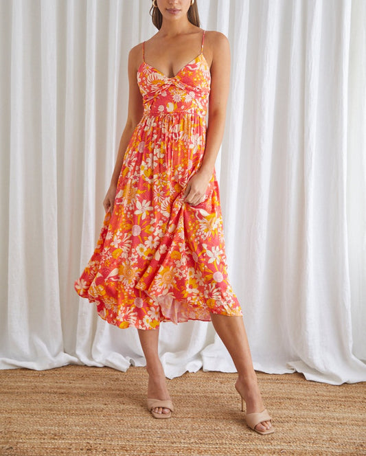 Citrus Blossom Floral Midi Dress Orange