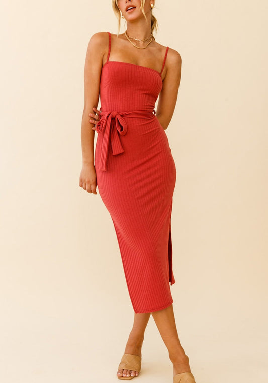 Amber Rura Ribbon Waist Bodycon Thigh Split Midi Dress Rose