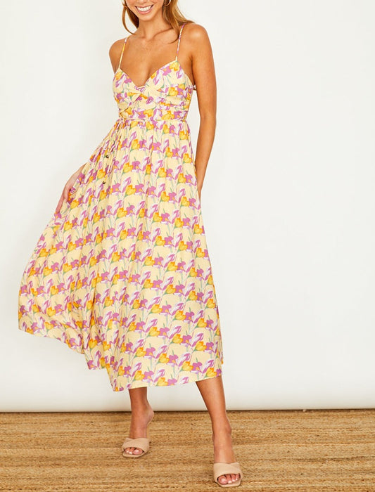 Honeybee Hype Shoulder String Midi Dress Yellow